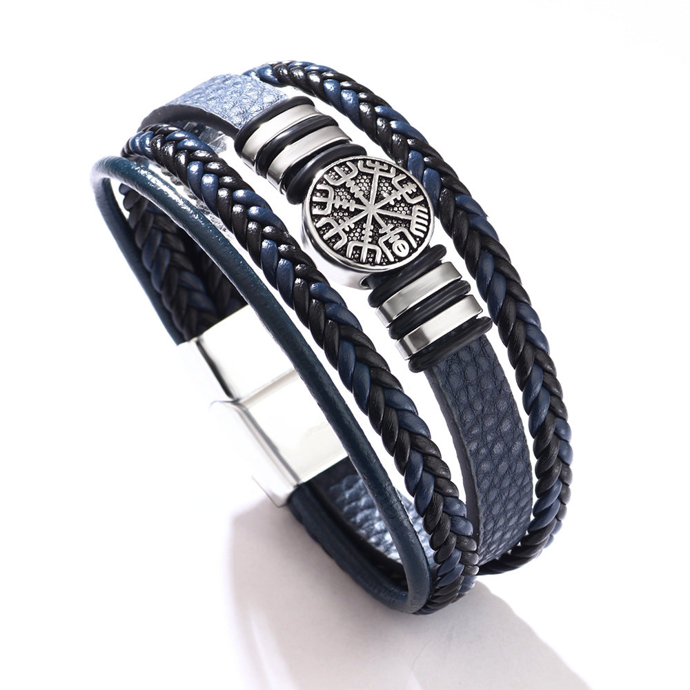 Punk Style Multi-Layer Compass Woven Leather Cord Bracelet