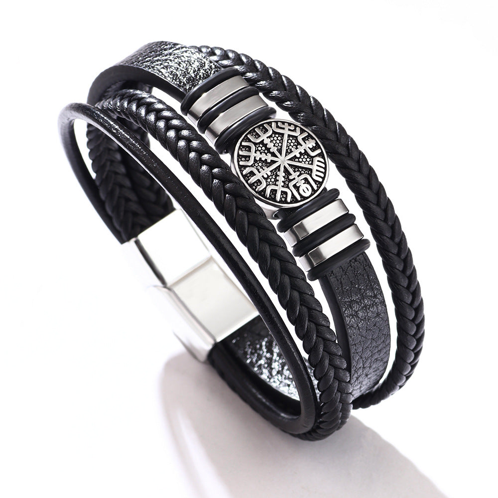 Punk Style Multi-Layer Compass Woven Leather Cord Bracelet