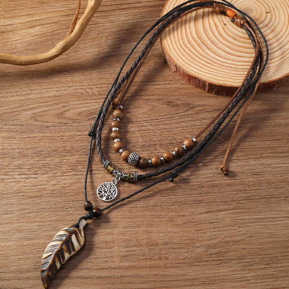 Vintage Braided Rope Beaded Multilayer Necklace Men's And Women's Accessories