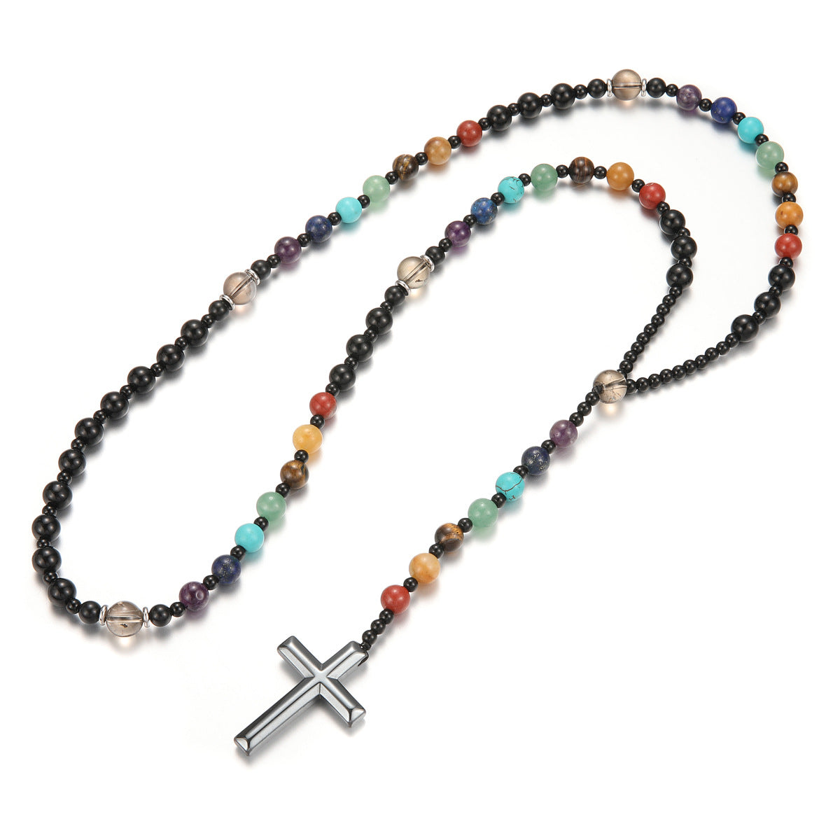 Round Beaded Colorful Natural Stone Cross Necklace