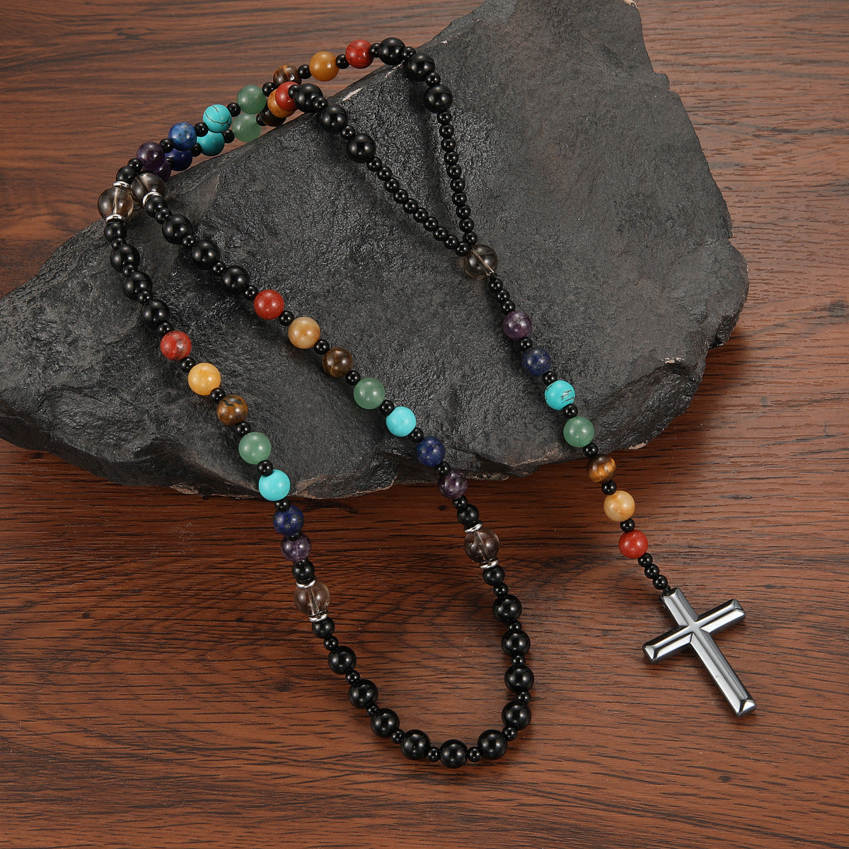 Round Beaded Colorful Natural Stone Cross Necklace