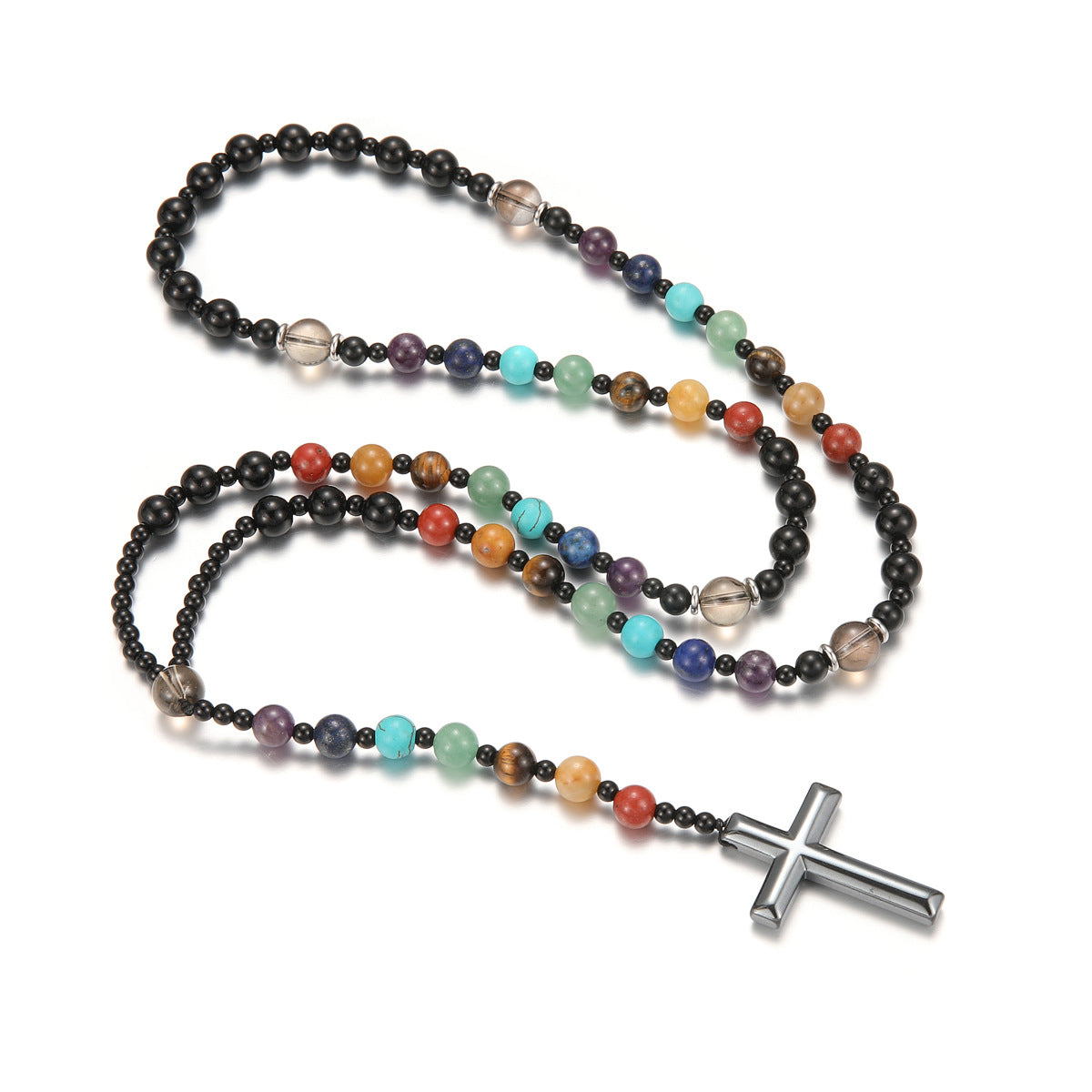 Round Beaded Colorful Natural Stone Cross Necklace