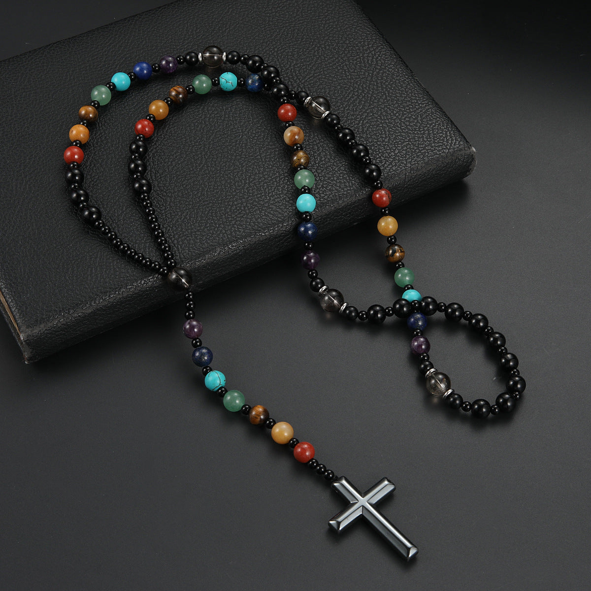 Round Beaded Colorful Natural Stone Cross Necklace