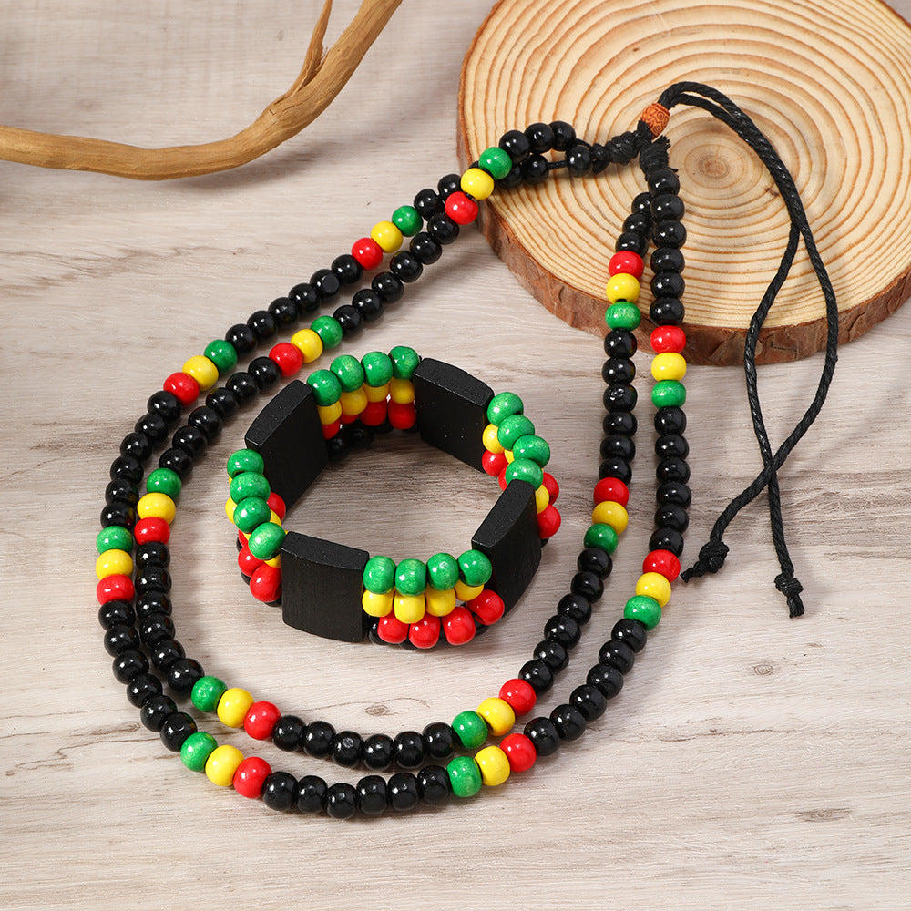 Red Yellow Green 8mm Wooden Beads Handmade Necklace Multi-layer Necklace Set