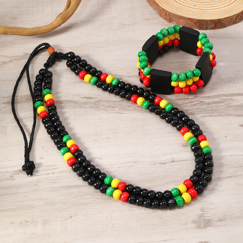 Red Yellow Green 8mm Wooden Beads Handmade Necklace Multi-layer Necklace Set