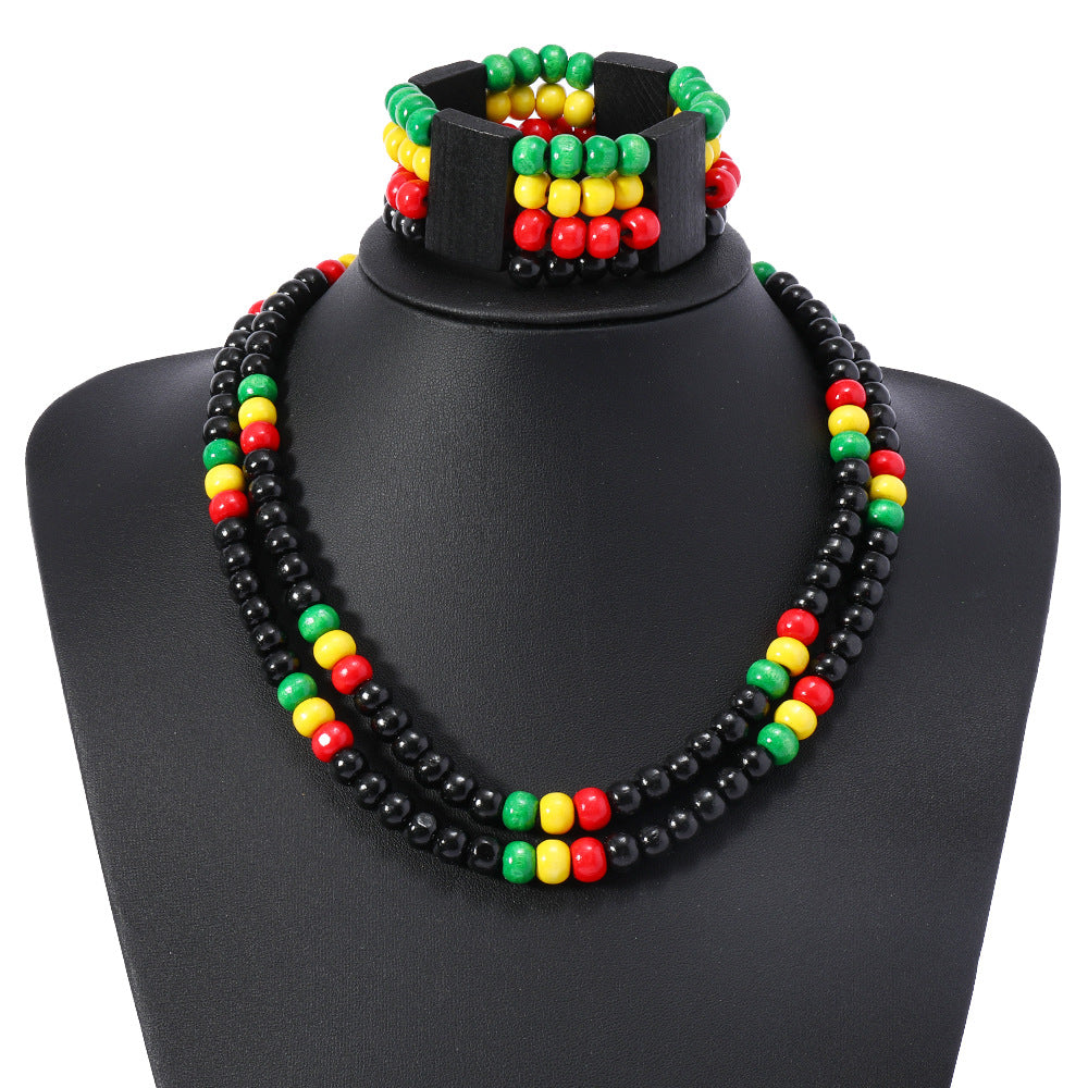 Red Yellow Green 8mm Wooden Beads Handmade Necklace Multi-layer Necklace Set