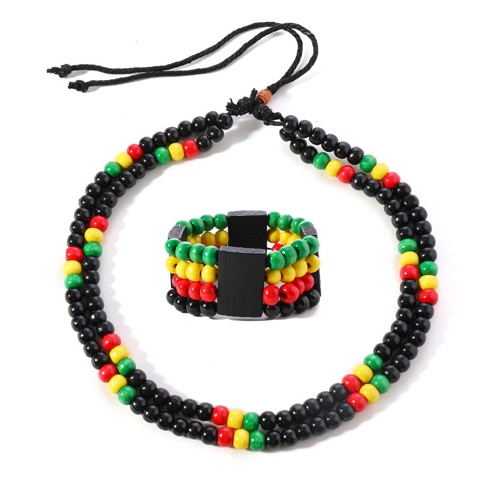 Red Yellow Green 8mm Wooden Beads Handmade Necklace Multi-layer Necklace Set