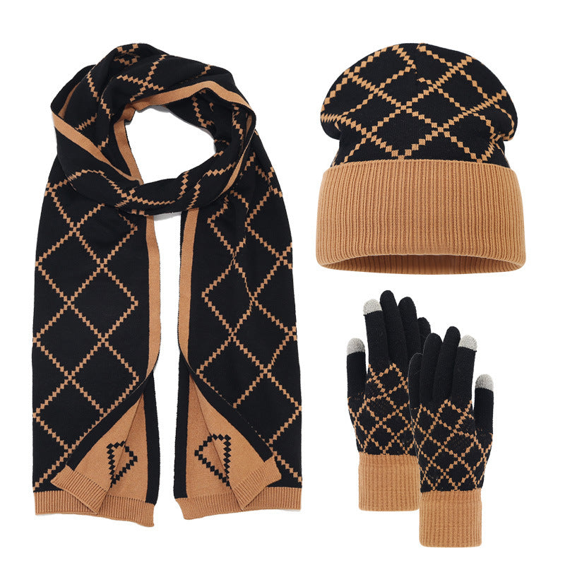 Outdoor Cold-proof Diamond Knitted Hat Gloves Scarf Set