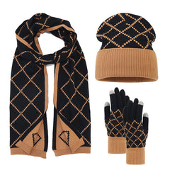 Outdoor Cold-proof Diamond Knitted Hat Gloves Scarf Set