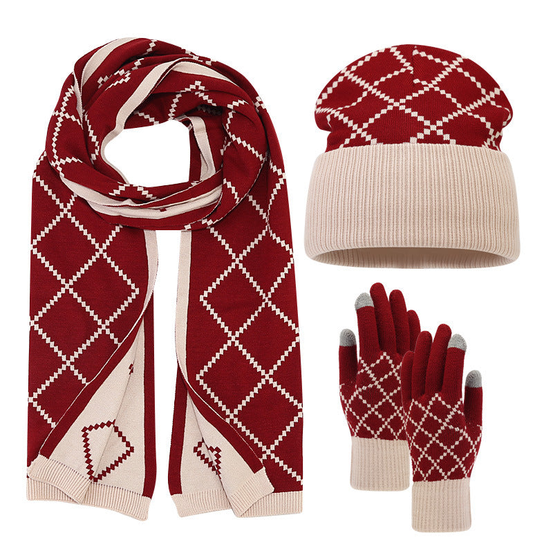 Outdoor Cold-proof Diamond Knitted Hat Gloves Scarf Set