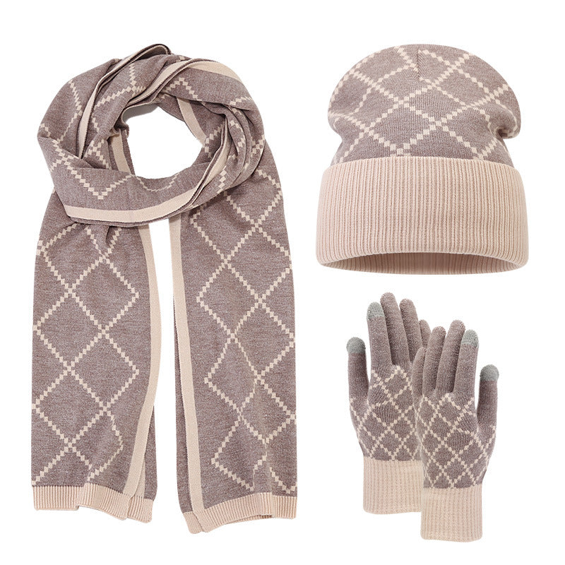 Outdoor Cold-proof Diamond Knitted Hat Gloves Scarf Set