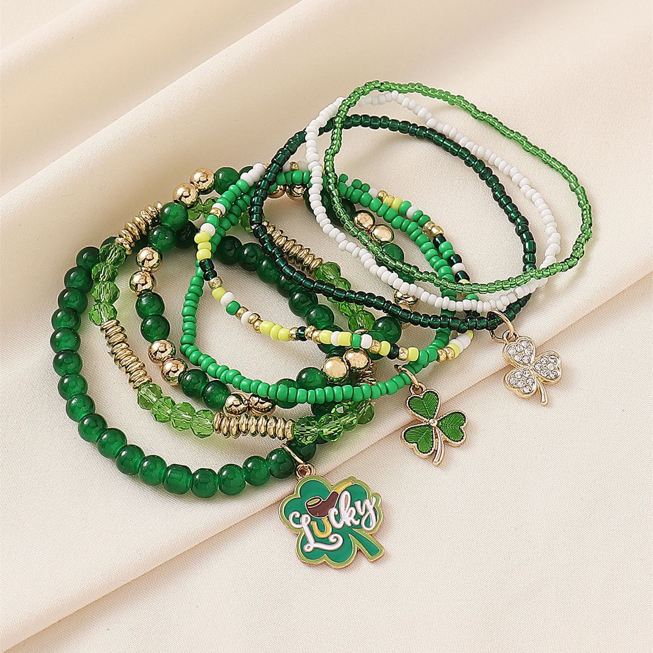 St. Patrick's Day LUCKY Clover Pendant Stacked Bracelet Set
