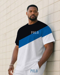 Men's Plus Size Black & Blue & White Features Oblique Color Split Slim Short Sleeve T-Shirt Pants Suit