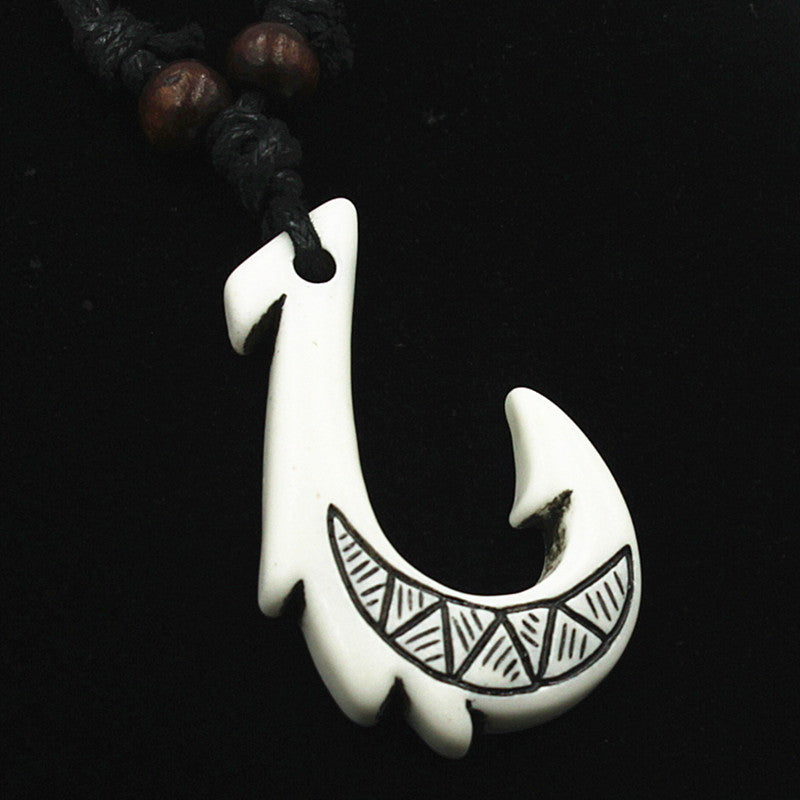 Ethnic Tribal Maori Fish Hook Bone Imitation Resin Necklace