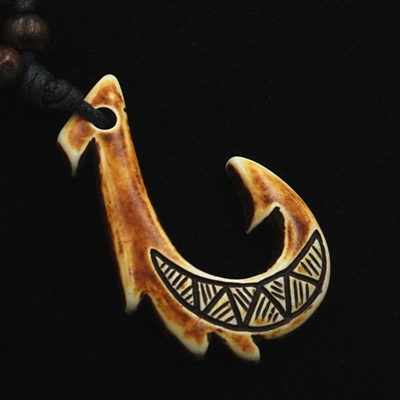 Ethnic Tribal Maori Fish Hook Bone Imitation Resin Necklace