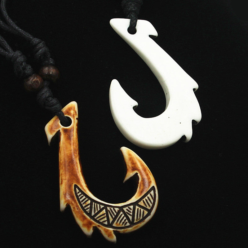 Ethnic Tribal Maori Fish Hook Bone Imitation Resin Necklace