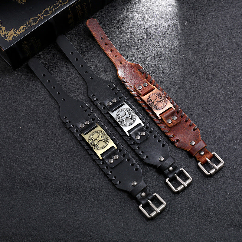 Viking Totem Lucky Tree Cowhide Woven Wide Leather Bracelet