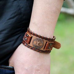 Viking Totem Lucky Tree Cowhide Woven Wide Leather Bracelet
