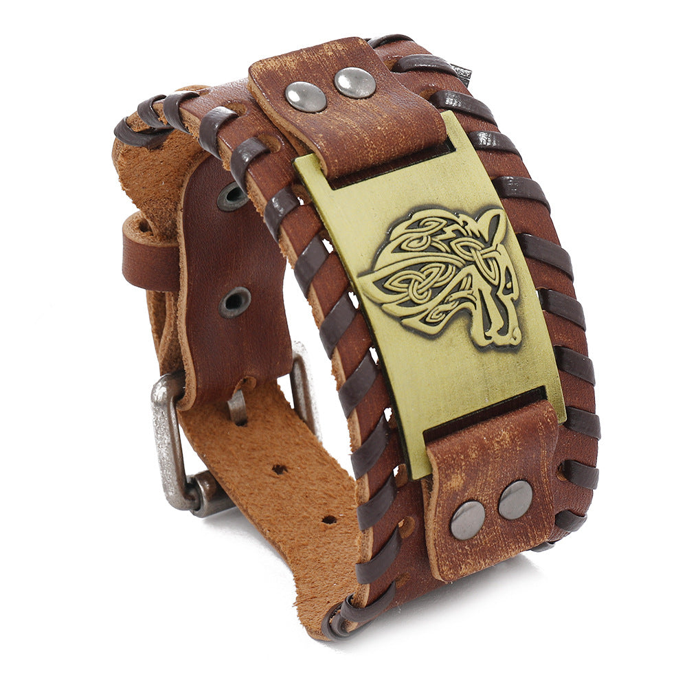 Viking Totem Lucky Tree Cowhide Woven Wide Leather Bracelet
