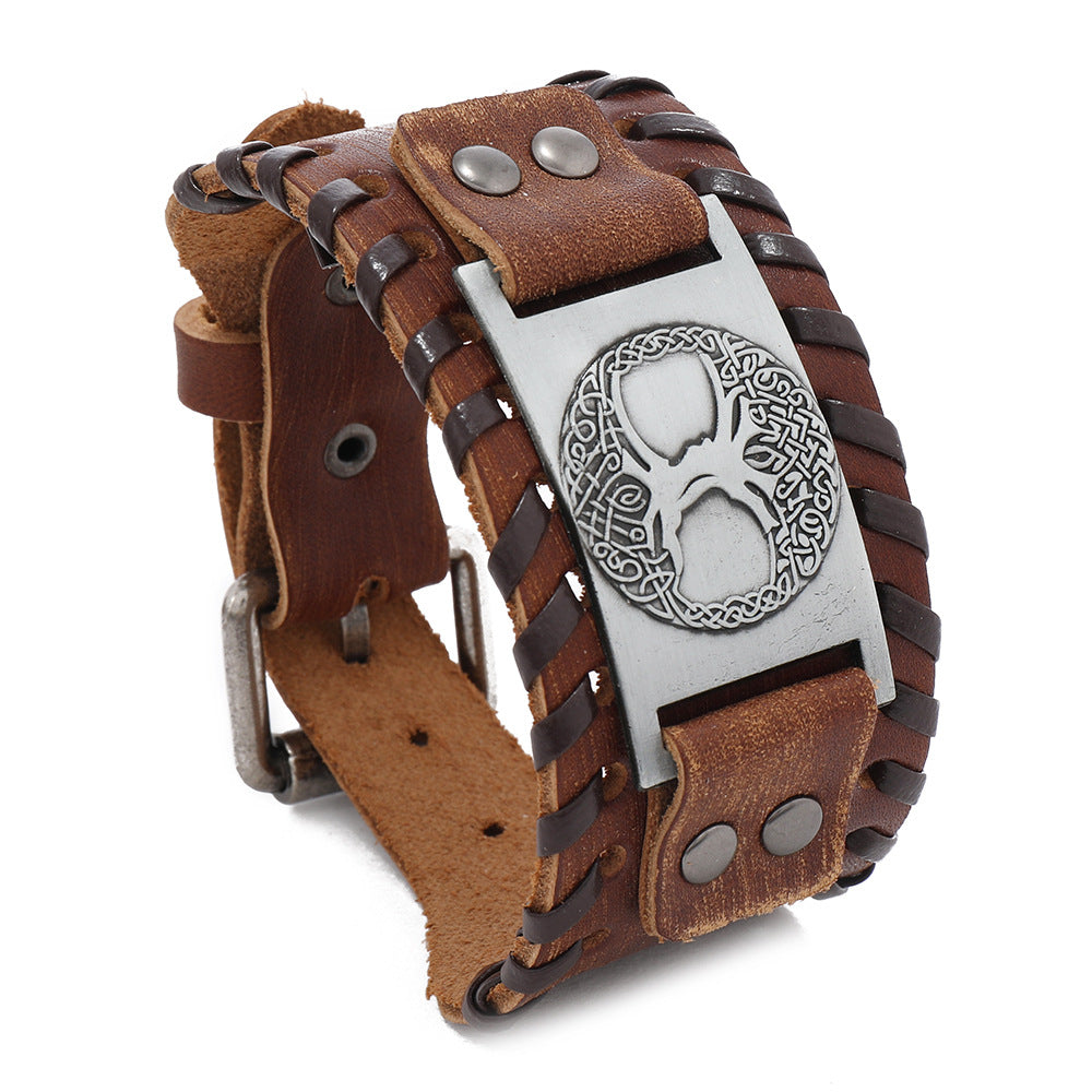 Viking Totem Lucky Tree Cowhide Woven Wide Leather Bracelet