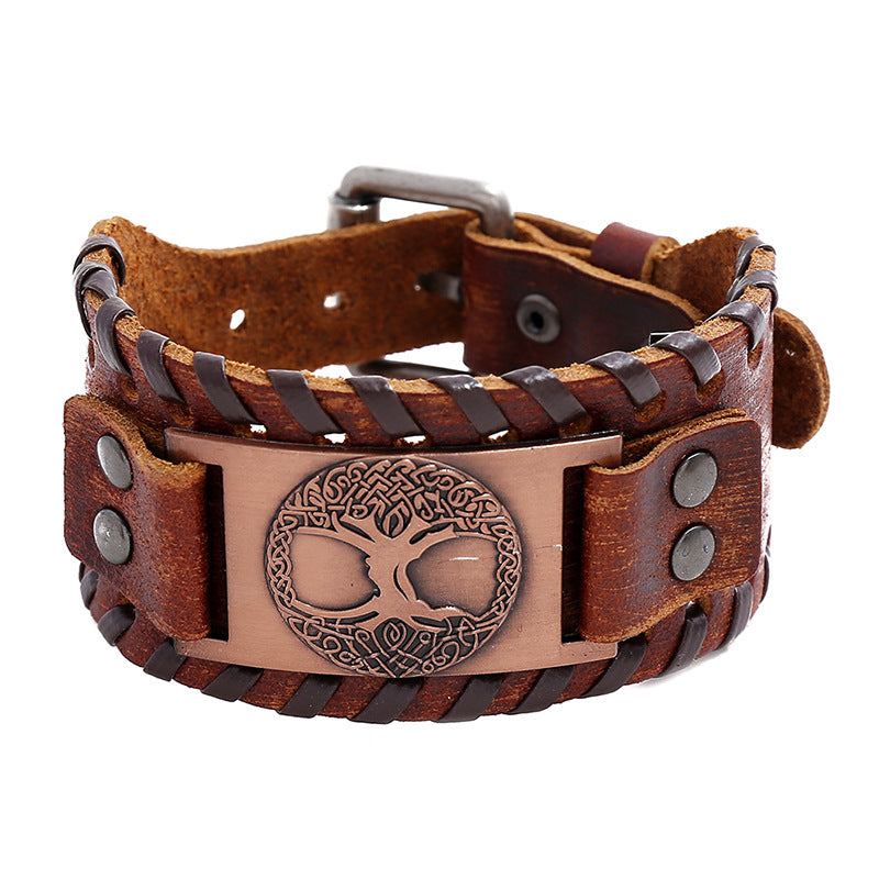 Viking Totem Lucky Tree Cowhide Woven Wide Leather Bracelet