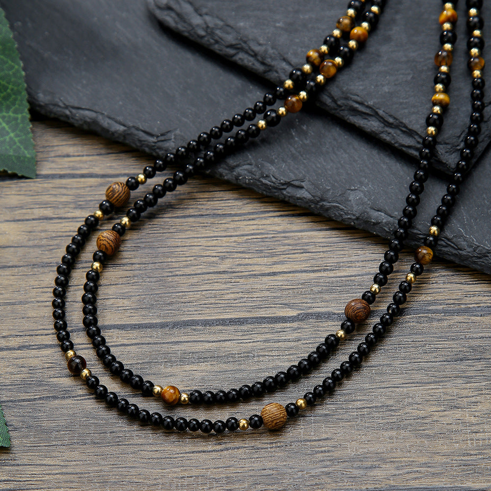 Ultra-Fine Layered Black Agate Tiger's Eye Bead Long Necklace