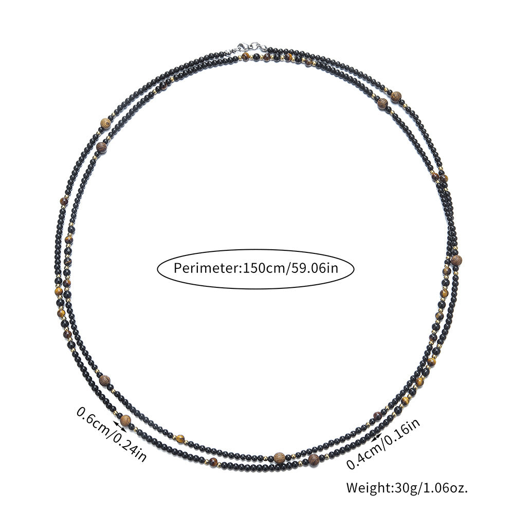 Ultra-Fine Layered Black Agate Tiger's Eye Bead Long Necklace