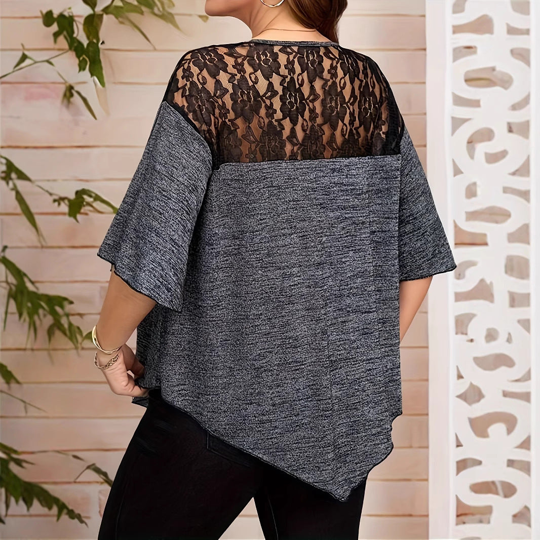 XL-5XL Women's Large Size Solid Color Lace Stitching Cross Chest Short Sleeve