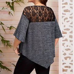 XL-5XL Women's Large Size Solid Color Lace Stitching Cross Chest Short Sleeve
