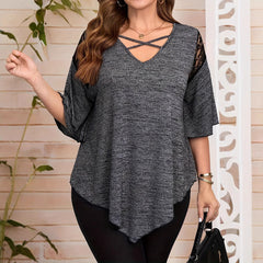 XL-5XL Women's Large Size Solid Color Lace Stitching Cross Chest Short Sleeve