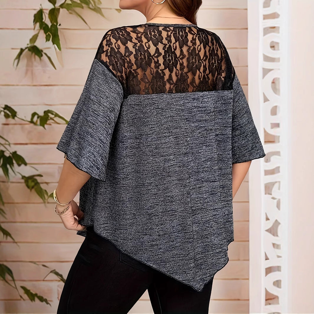 XL-5XL Women's Large Size Solid Color Lace Stitching Cross Chest Short Sleeve