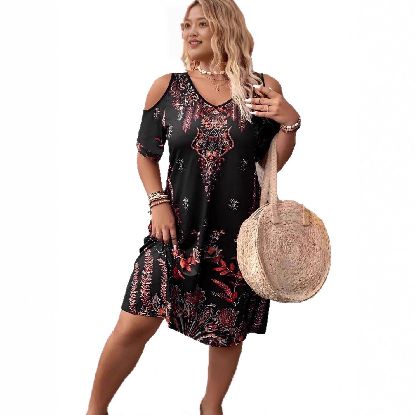 XL-5XL Women's Plus Size Elegant V-Neck Print Open-Shoulder Dress
