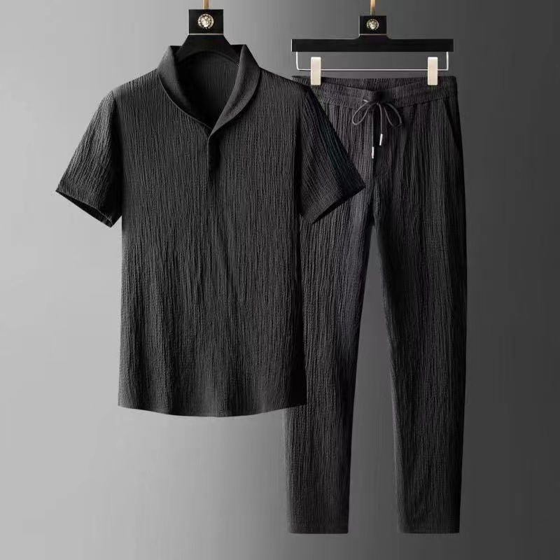 High Quality Ultra Thin Short Sleeve Ice Silk Linen Suit Men's Summer Large Size Loose Middle Sleeve T-Shirt Cotton Linen Two-piece Set