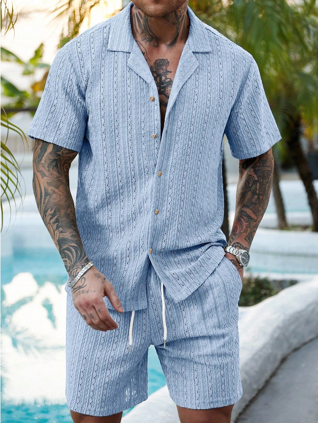 Men's Hollow Breathable Short-sleeved Shirt Drawstring Shorts Two-piece Suit For Men