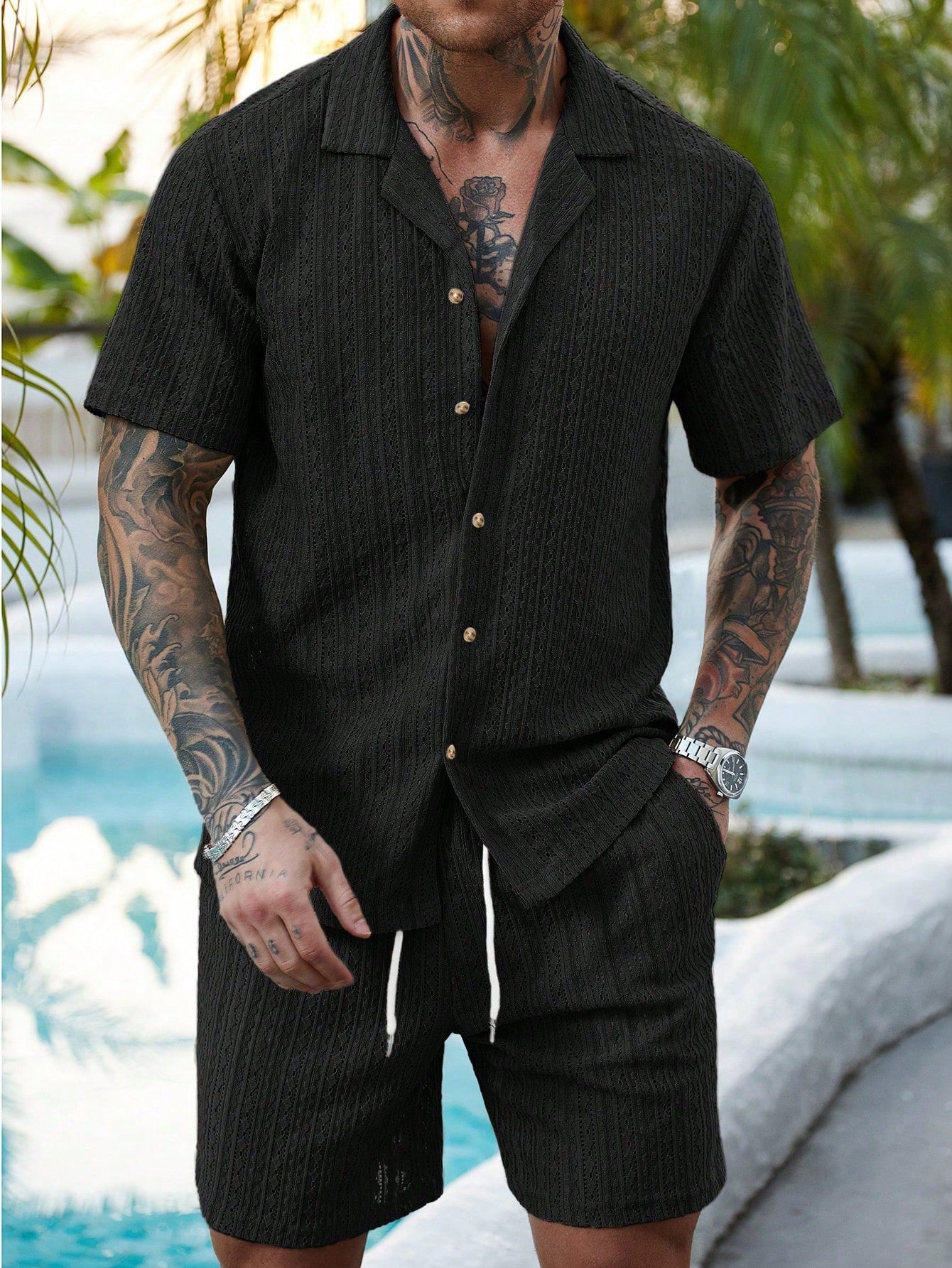 Men's Hollow Breathable Short-sleeved Shirt Drawstring Shorts Two-piece Suit For Men