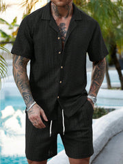 Men's Hollow Breathable Short-sleeved Shirt Drawstring Shorts Two-piece Suit For Men