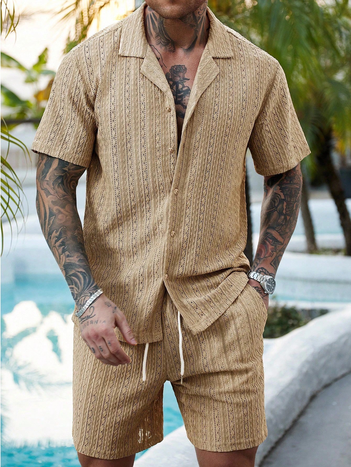 Men's Hollow Breathable Short-sleeved Shirt Drawstring Shorts Two-piece Suit For Men