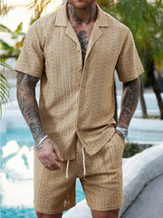 Men's Hollow Breathable Short-sleeved Shirt Drawstring Shorts Two-piece Suit For Men