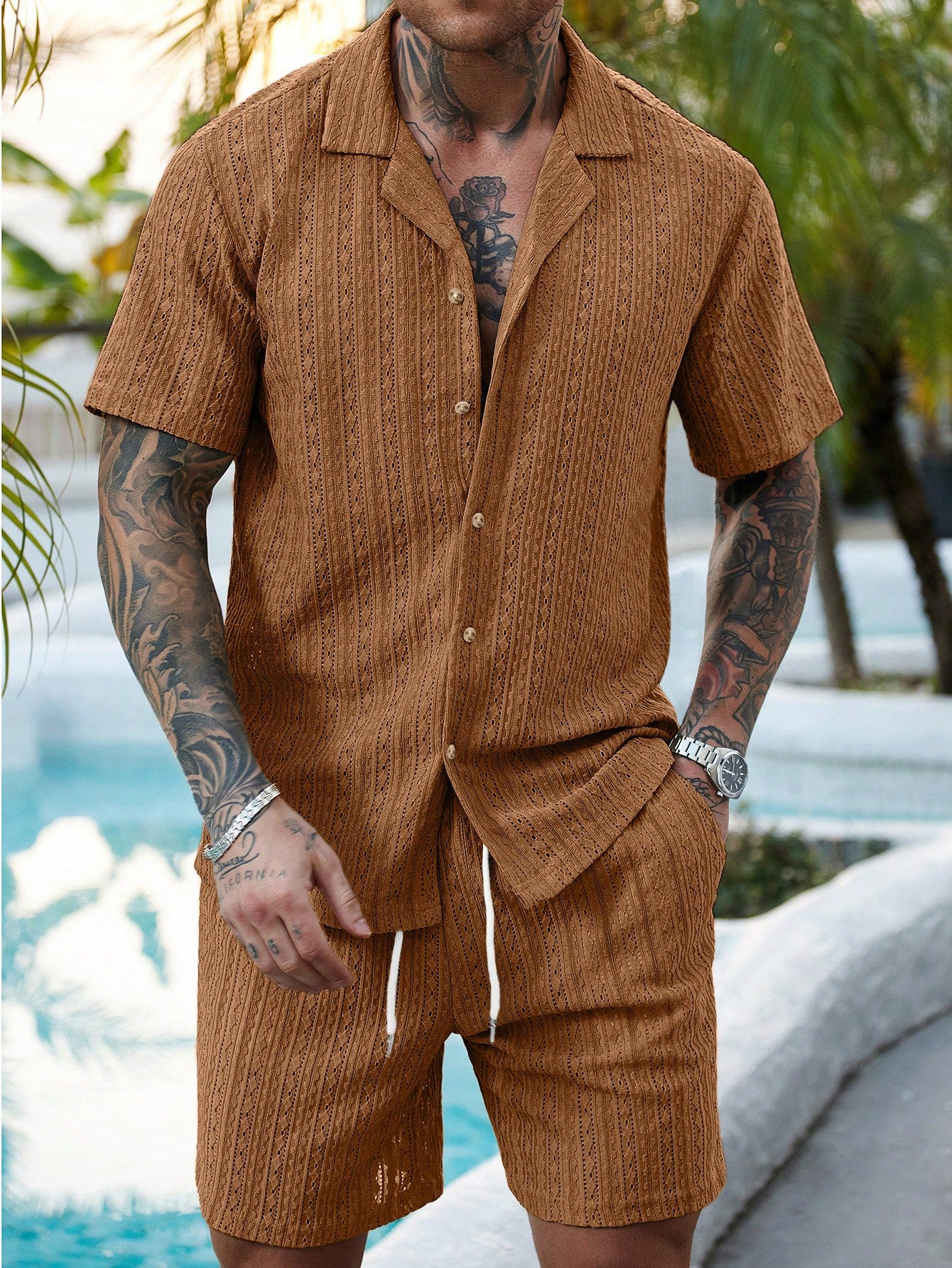 Men's Hollow Breathable Short-sleeved Shirt Drawstring Shorts Two-piece Suit For Men