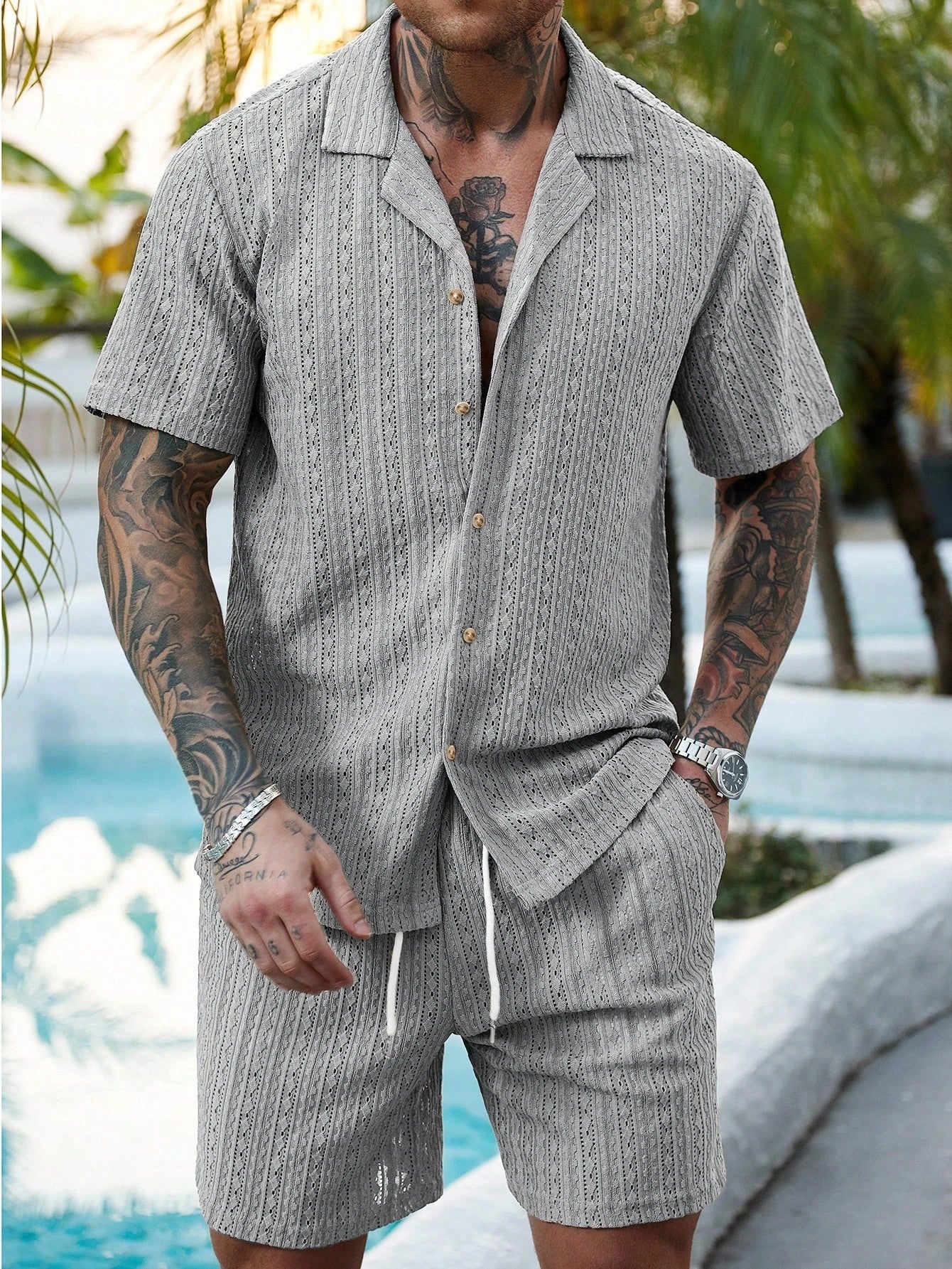 Men's Hollow Breathable Short-sleeved Shirt Drawstring Shorts Two-piece Suit For Men