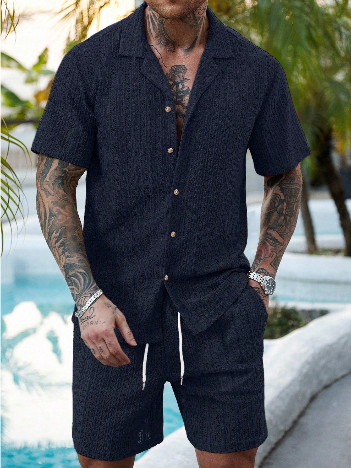 Men's Hollow Breathable Short-sleeved Shirt Drawstring Shorts Two-piece Suit For Men