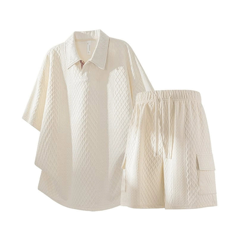 Men's Large Size Polo Shirt Set Breathable/Comfortable/Loose/Jacquard/High Fashion Summer New Casual Trendy Short Sleeve Shorts Two-piece Set