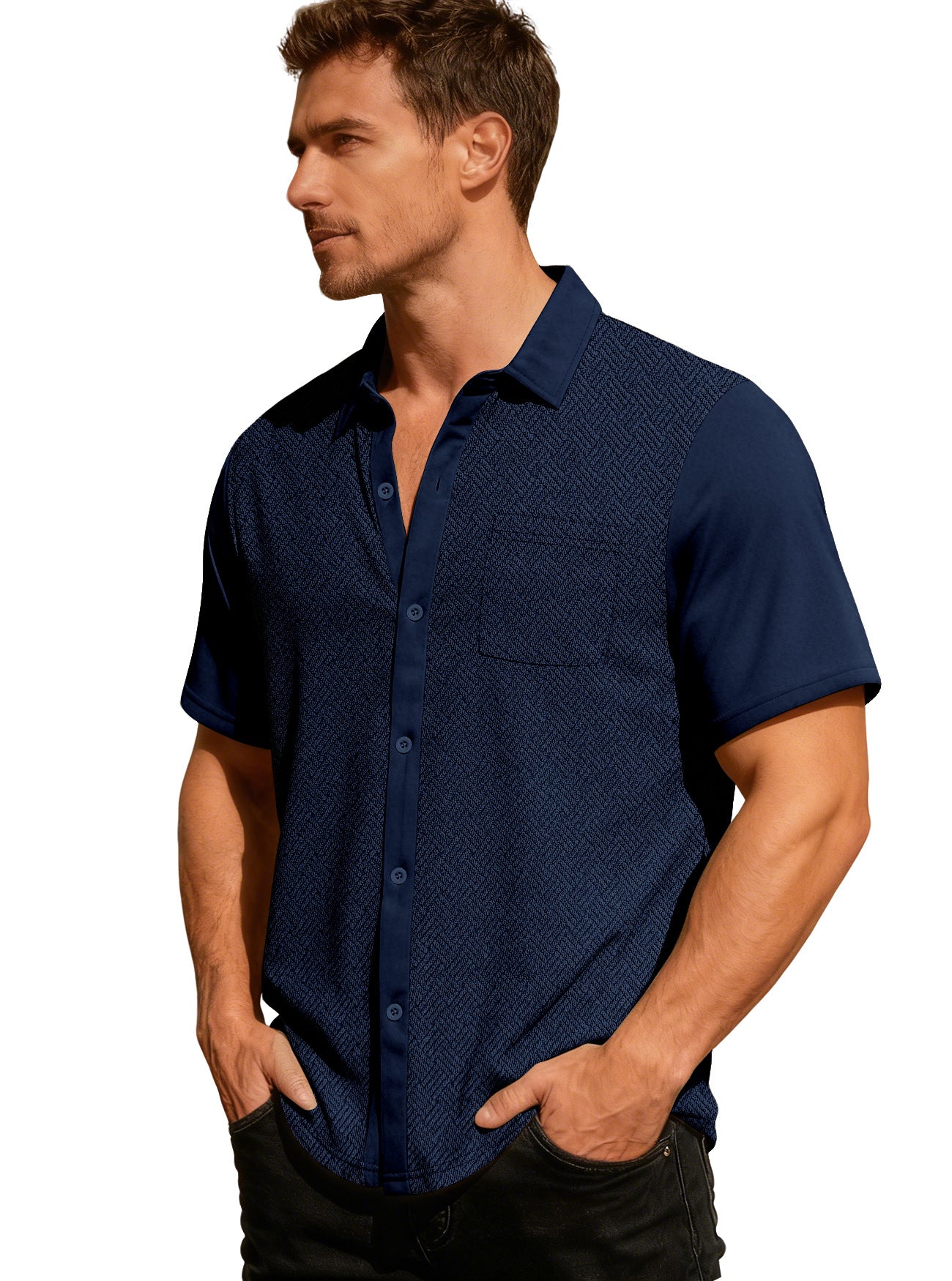 S-3XL Lapel Towel Jacquard Short Sleeve Shirt