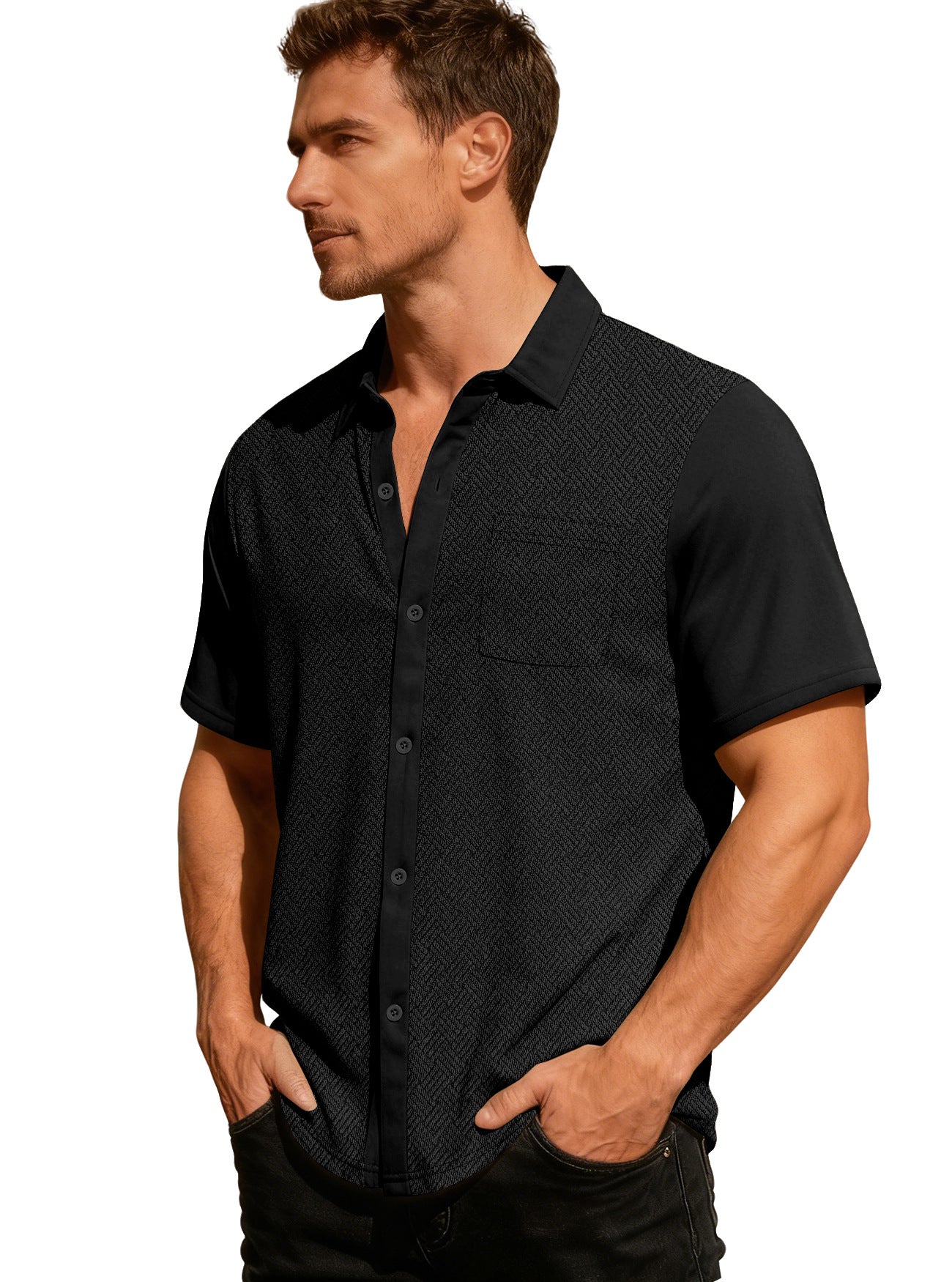 S-3XL Lapel Towel Jacquard Short Sleeve Shirt