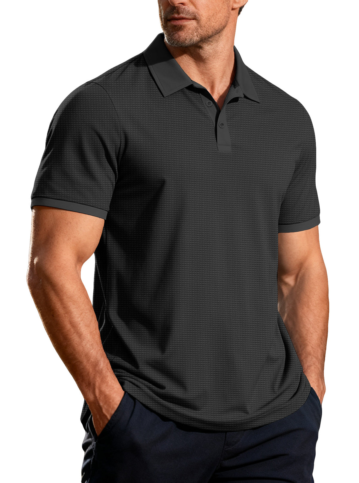 S-3X Solid Color Lash Texture Short-Sleeve Polo Shirt