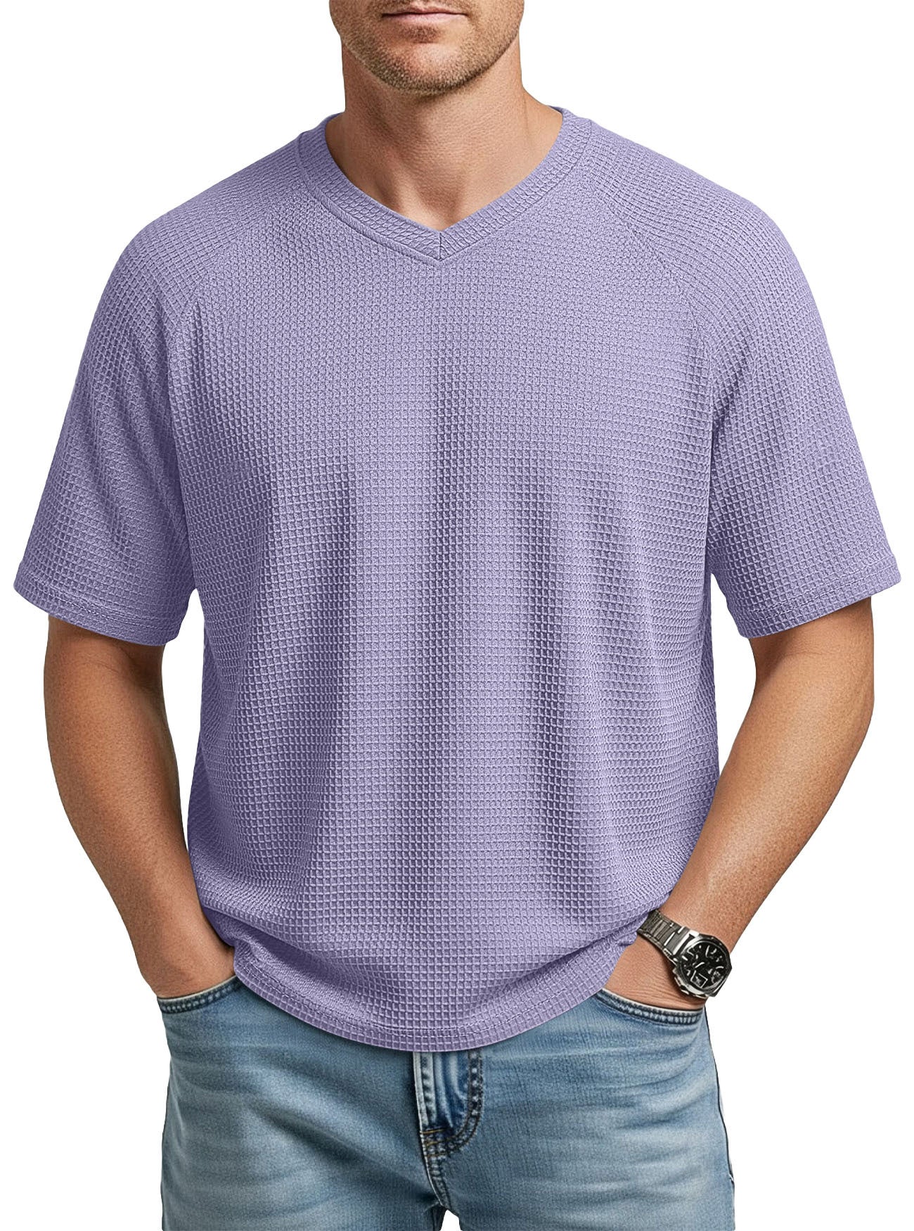 S-3XL Waffled Knit Short Sleeve V-Neck Tee