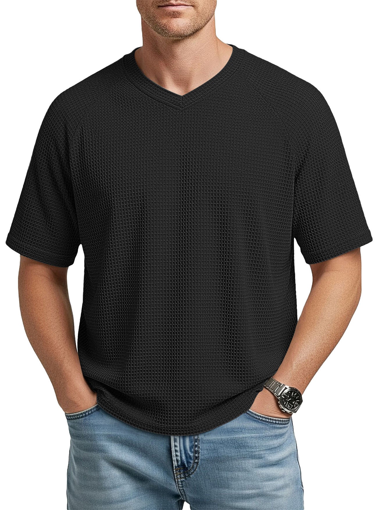 S-3XL Waffled Knit Short Sleeve V-Neck Tee