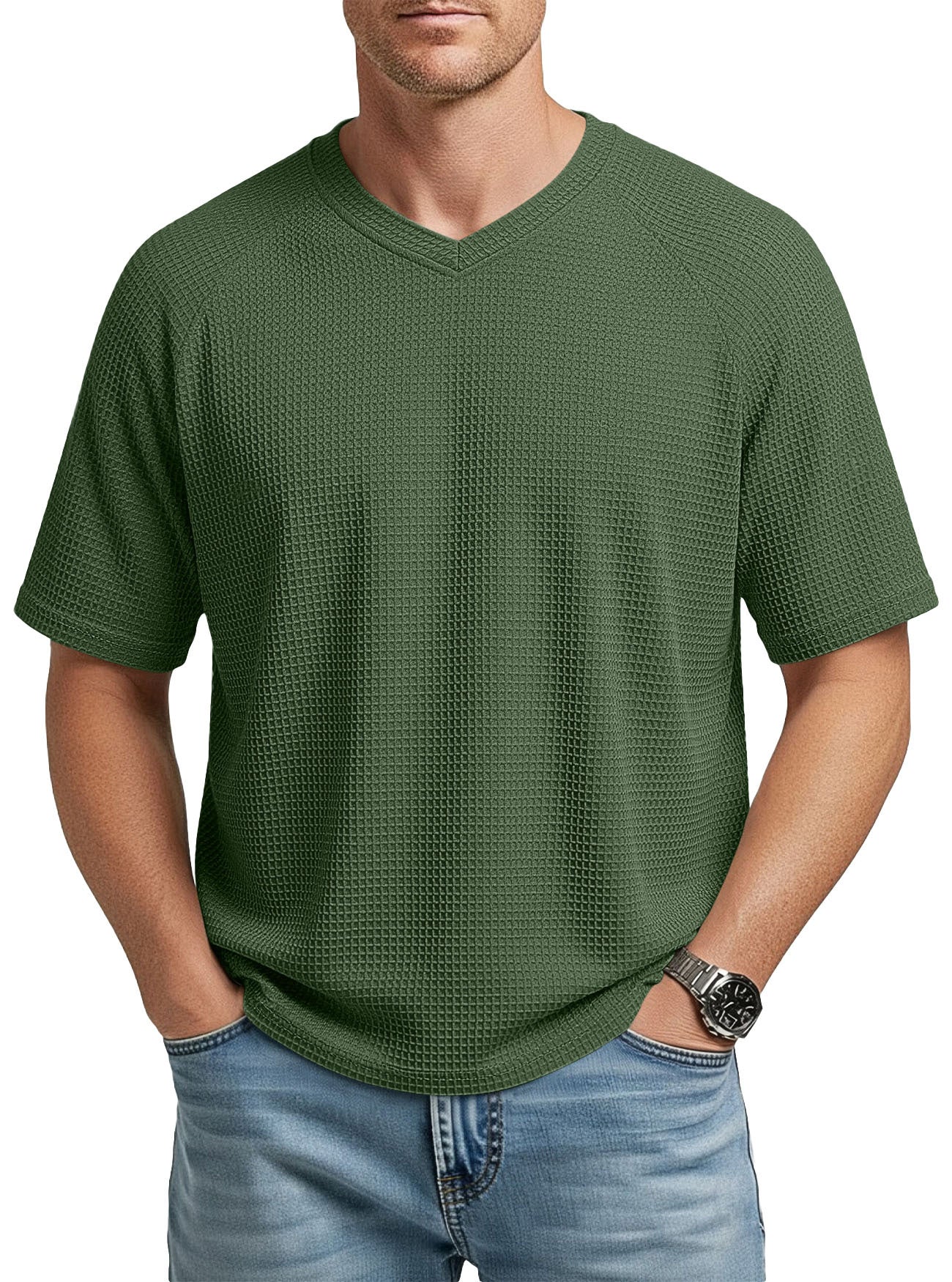 S-3XL Waffled Knit Short Sleeve V-Neck Tee