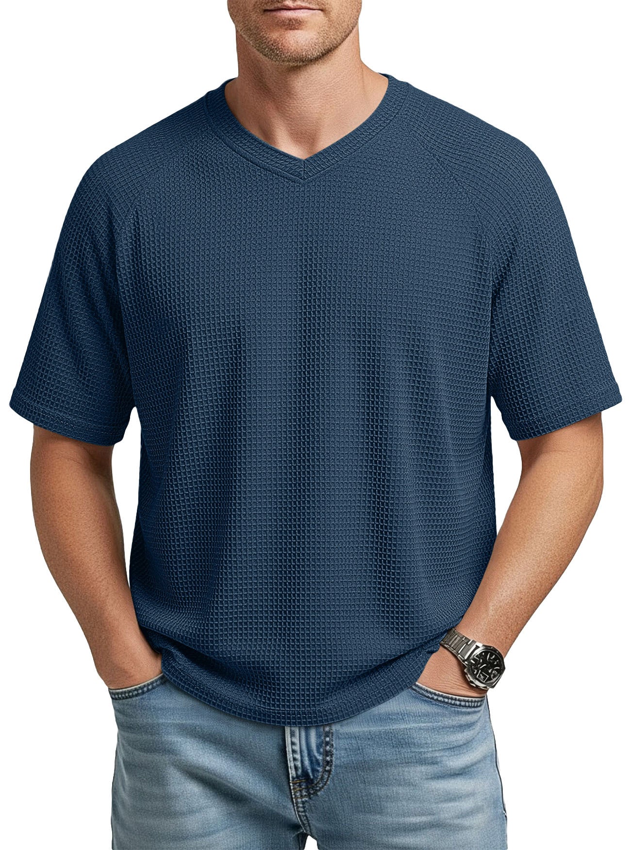 S-3XL Waffled Knit Short Sleeve V-Neck Tee