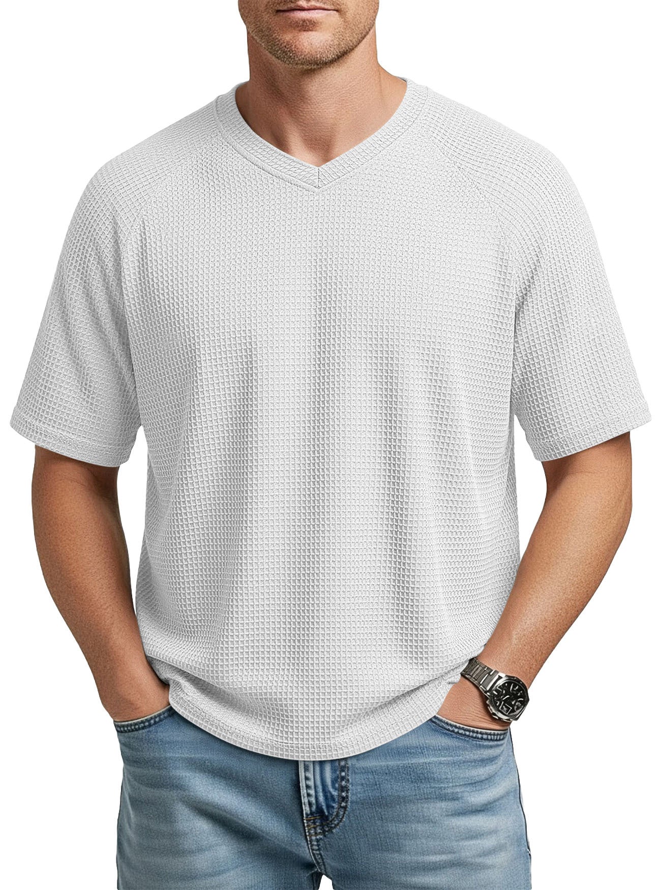 S-3XL Waffled Knit Short Sleeve V-Neck Tee